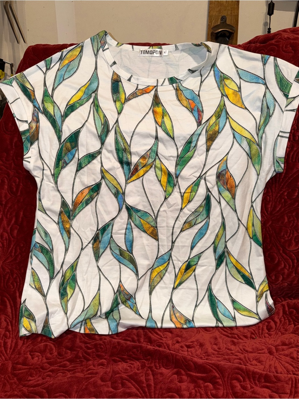 White Leaf-Print Short Sleeve Tee